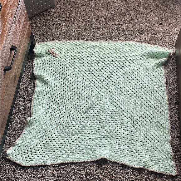 Mint Green Knit Baby Blanket with Brown Trim - Picture 2 of 2